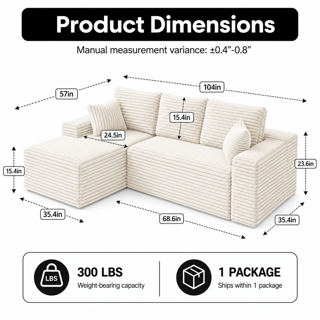 104" Boneless Cloud Sectional Couch with L Shape Chaise, Modern Corduroy Modular Sofa with Deep Seat for Living Room, White