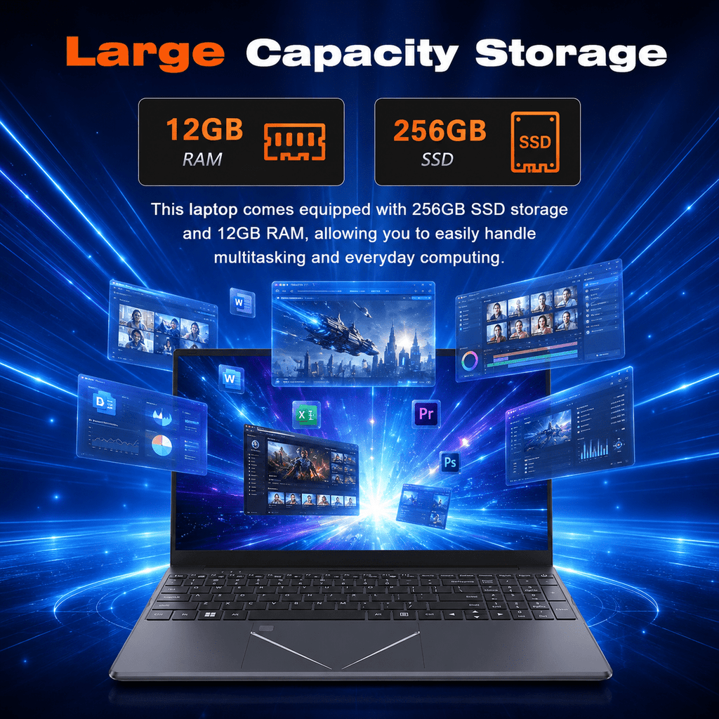 15.6 Student Laptop, Intel I3, 12GB RAM 256GB ROM Notebook Business Laptop for Beginner, Student, Business